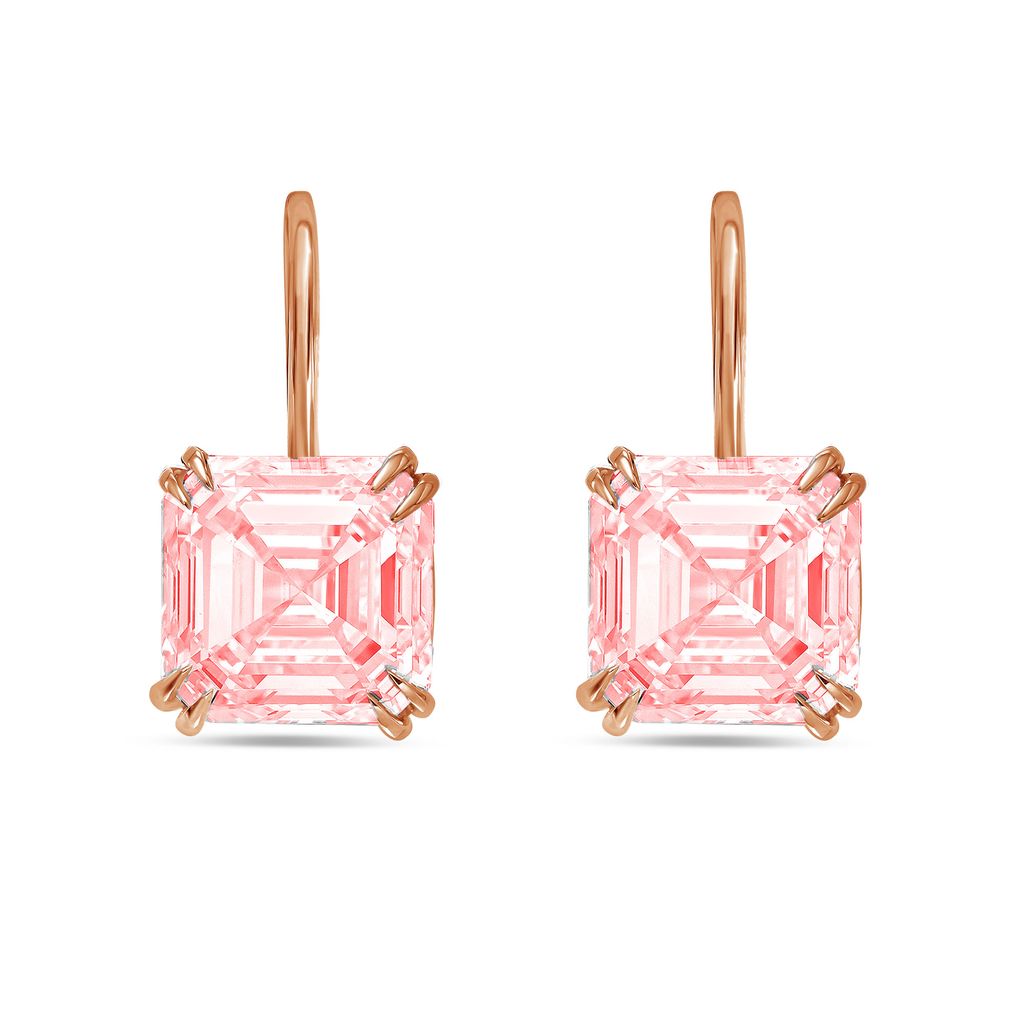 Lab-Grown Asscher Cut Pink Diamond Drop Earrings, 14K Gold
