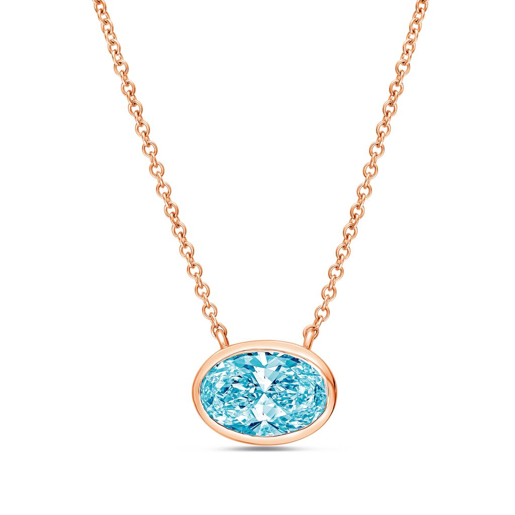 Lab-Grown Blue East-West Oval Diamond Bezel Pendant, 14K Gold