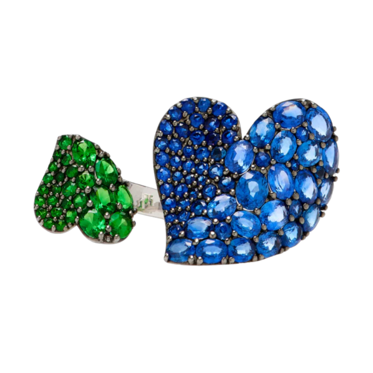 A double heart-shaped ring with insets showing blue sapphires and green tsavorites.