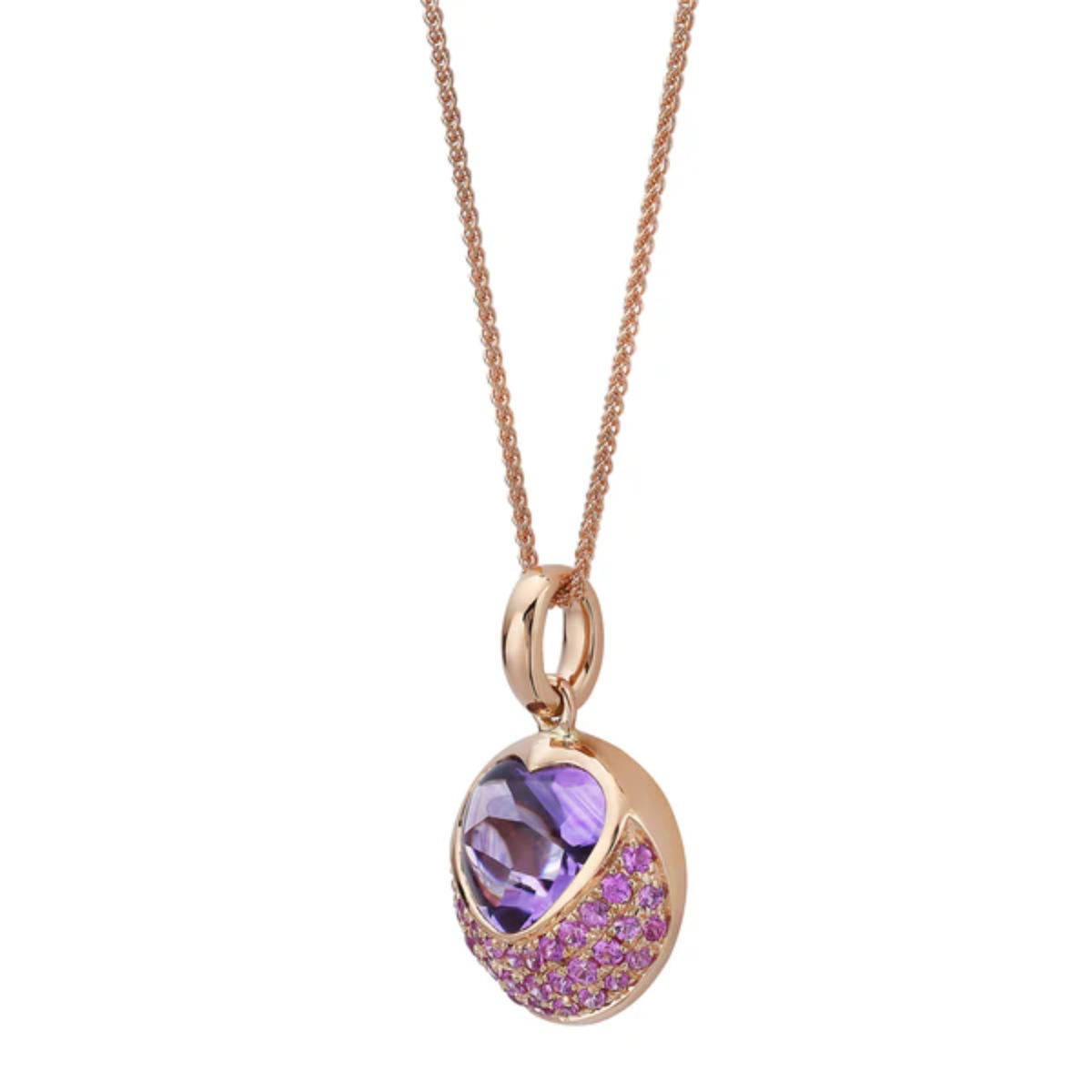 Amethyst heart necklace in rose gold, elegant purple gemstone pendant