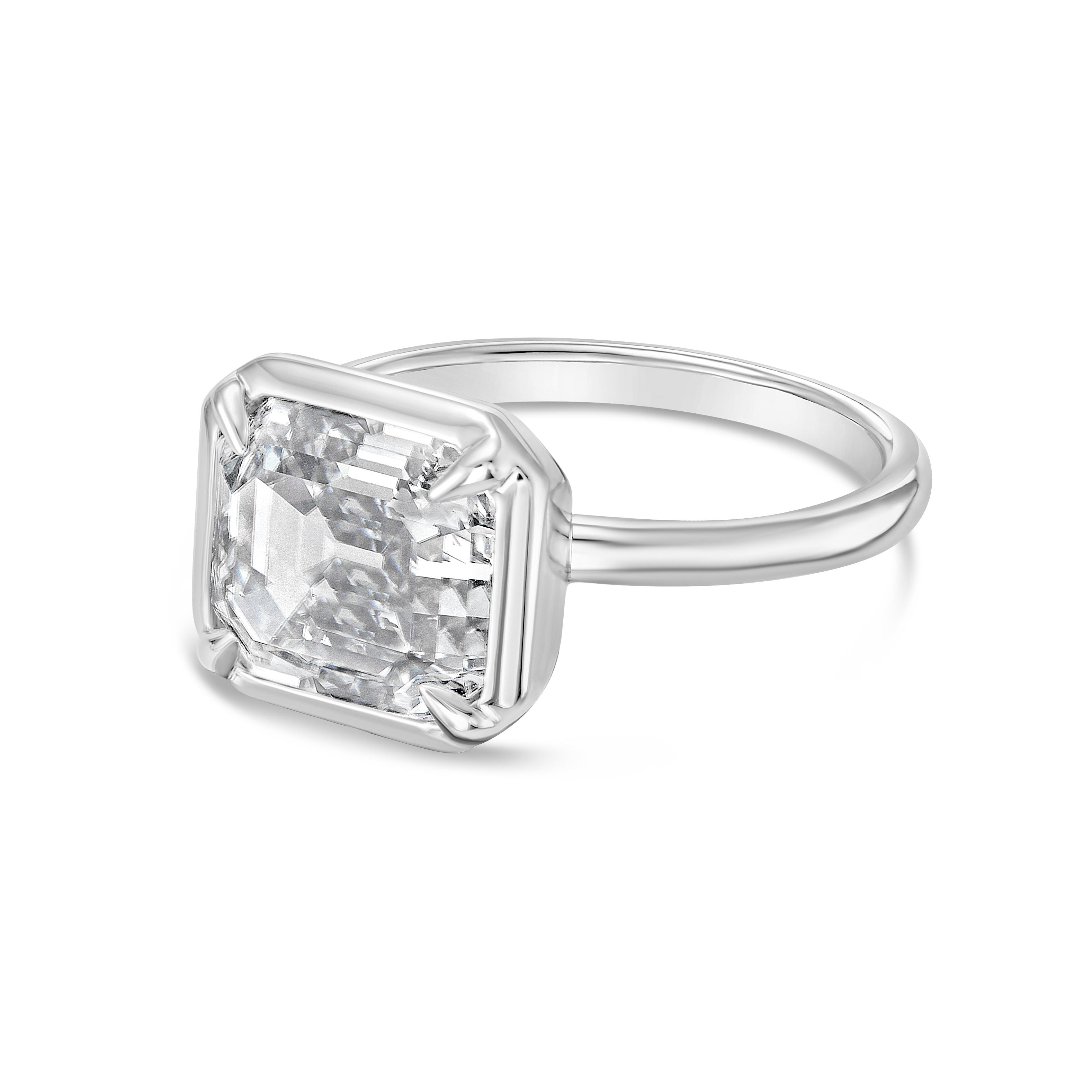 Asscher cut bezel diamond ring in 18K white gold, low profile