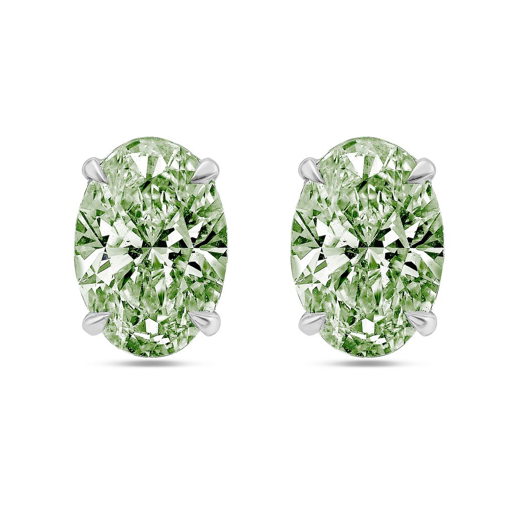 Lab-Grown Green Oval Diamond Stud Earrings, 4-Prong, 14K Gold