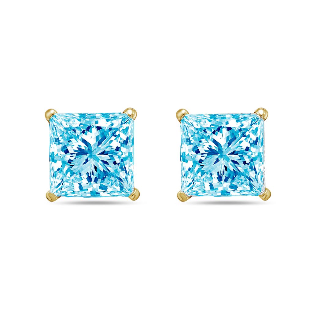 Lab-Grown Blue Princess Cut Diamond Stud Earrings, 4-Prong, 14K Gold