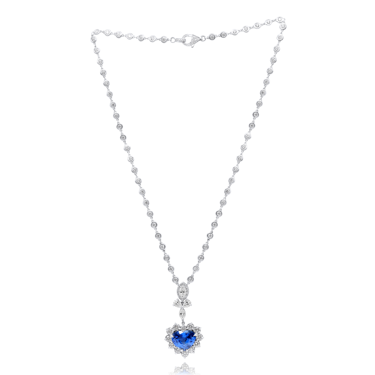 Blue sapphire heart pendant with diamond halo and motif, 18K white gold fine jewelry