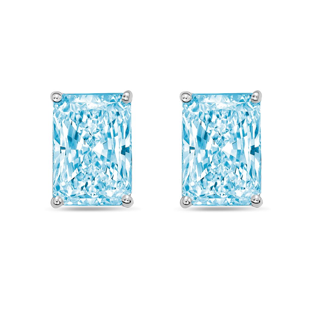 Lab-Grown Blue Radiant Cut Diamond Stud Earrings, 4-Prong, 14K Gold