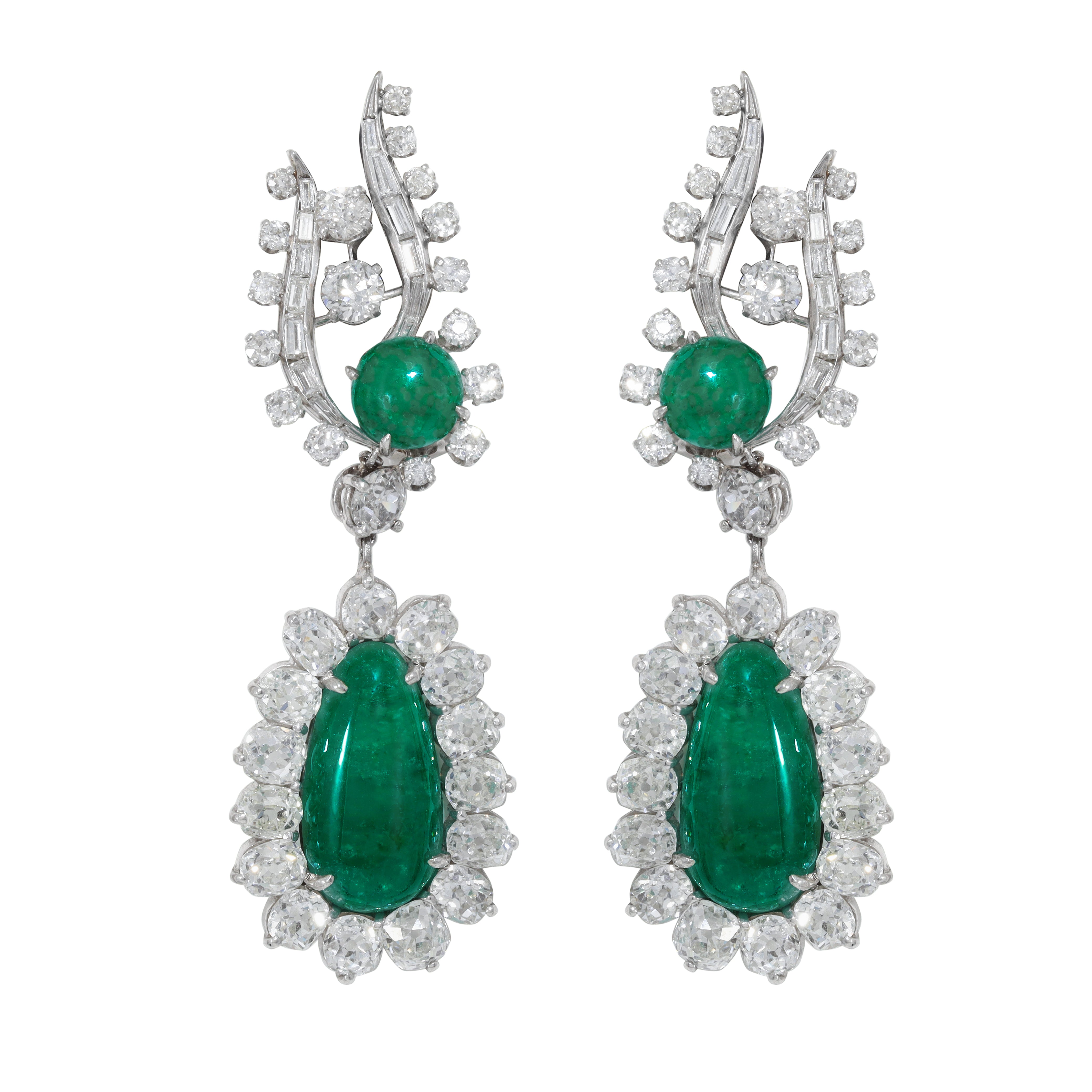 Emerald Cabochon Art Deco Diamond Drop Earrings
