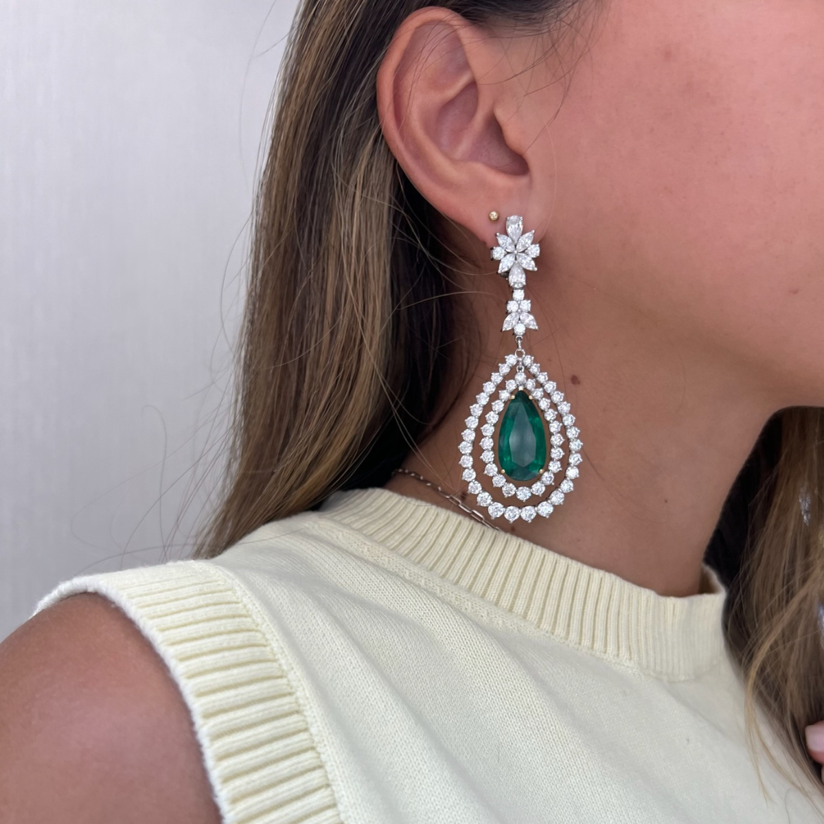 Emerald Pear Diamond Drop Earrings