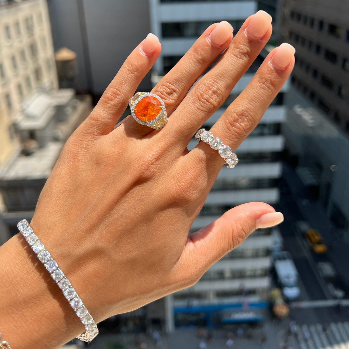 Three Stone Garnet Yellow Diamond Ring