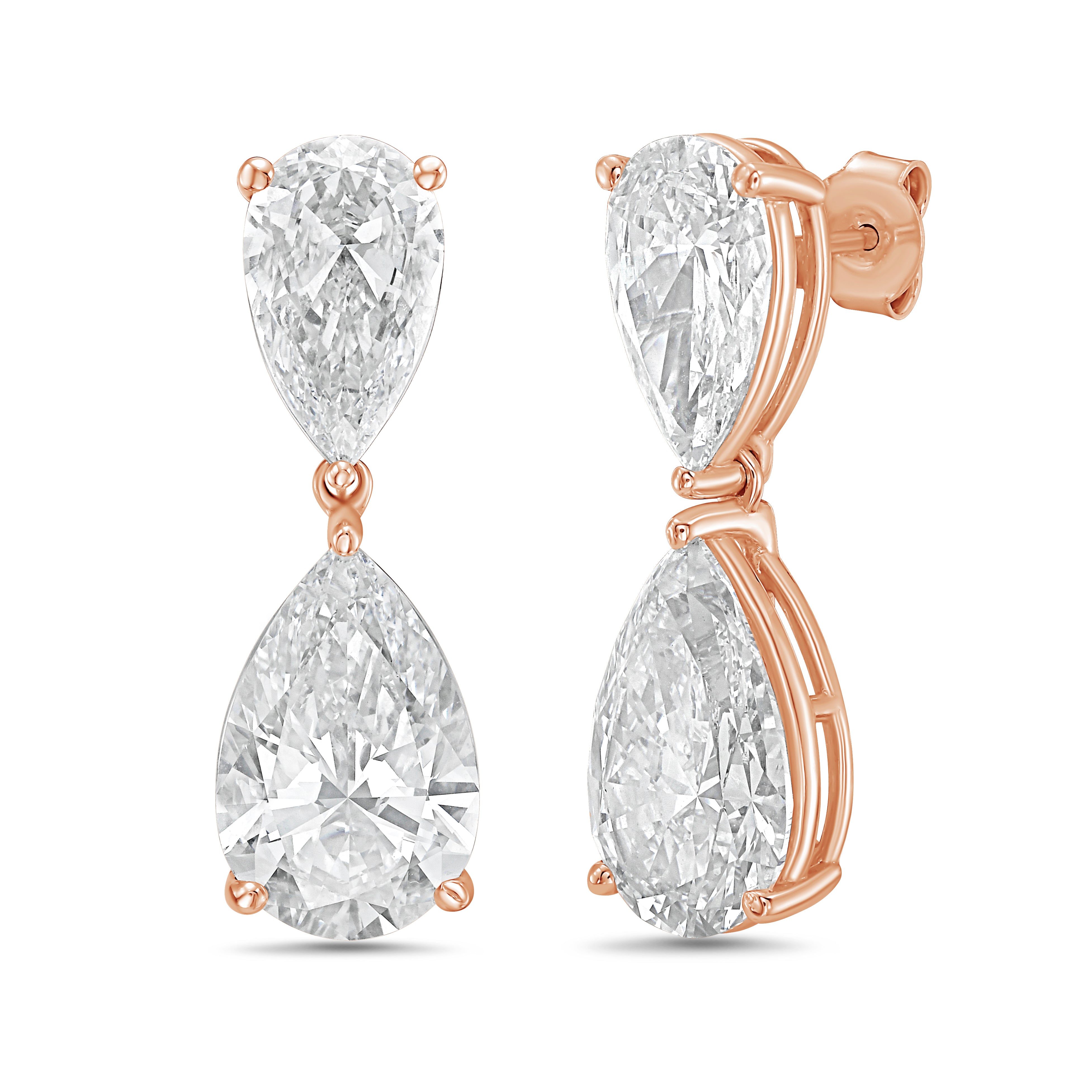 Lab-grown pear diamond drop earrings in 14k rose gold, angled view showing drop length