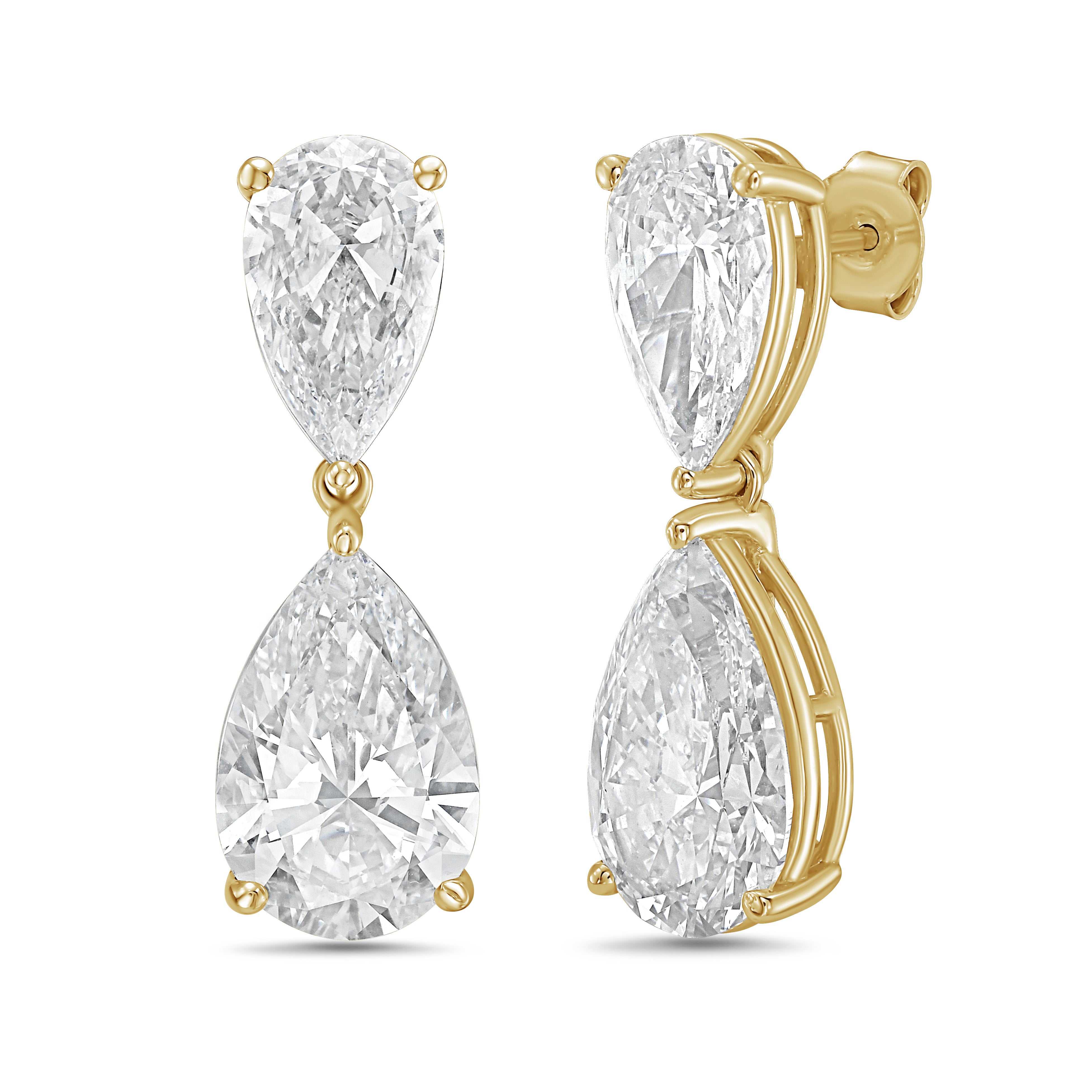 Lab-grown pear diamond drop earrings in 14k yellow gold, angled view showing drop length