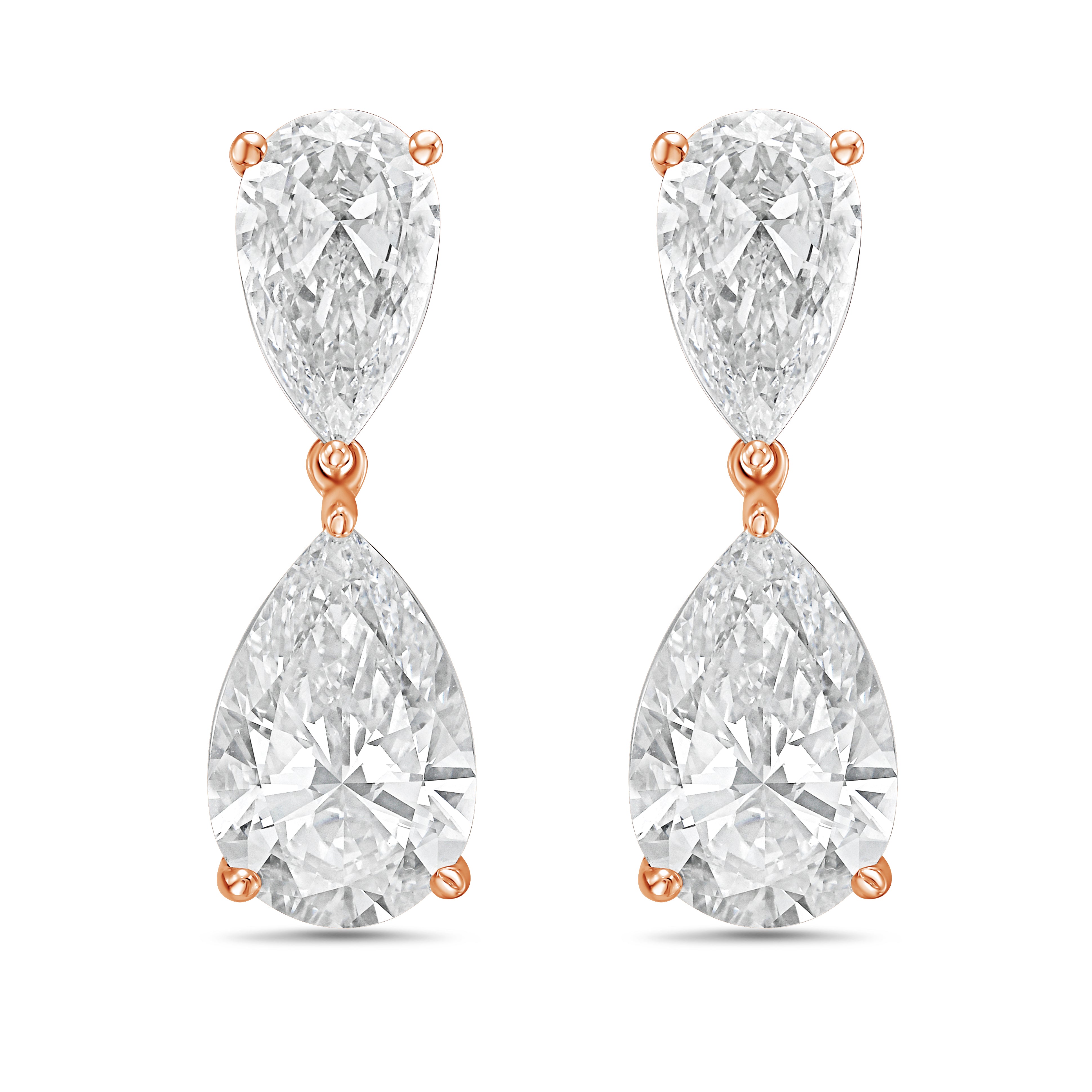 Pair of lab-grown pear diamond drop earrings in 14k rose gold, front view