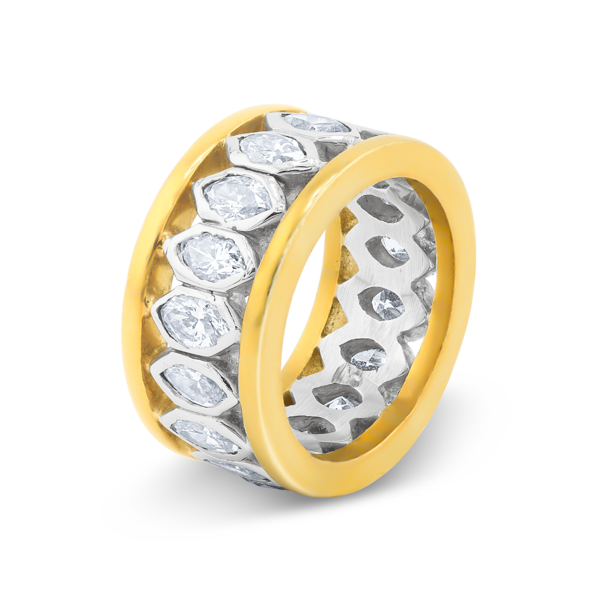 Close-up of bezel-set marquise diamonds in yellow and white gold