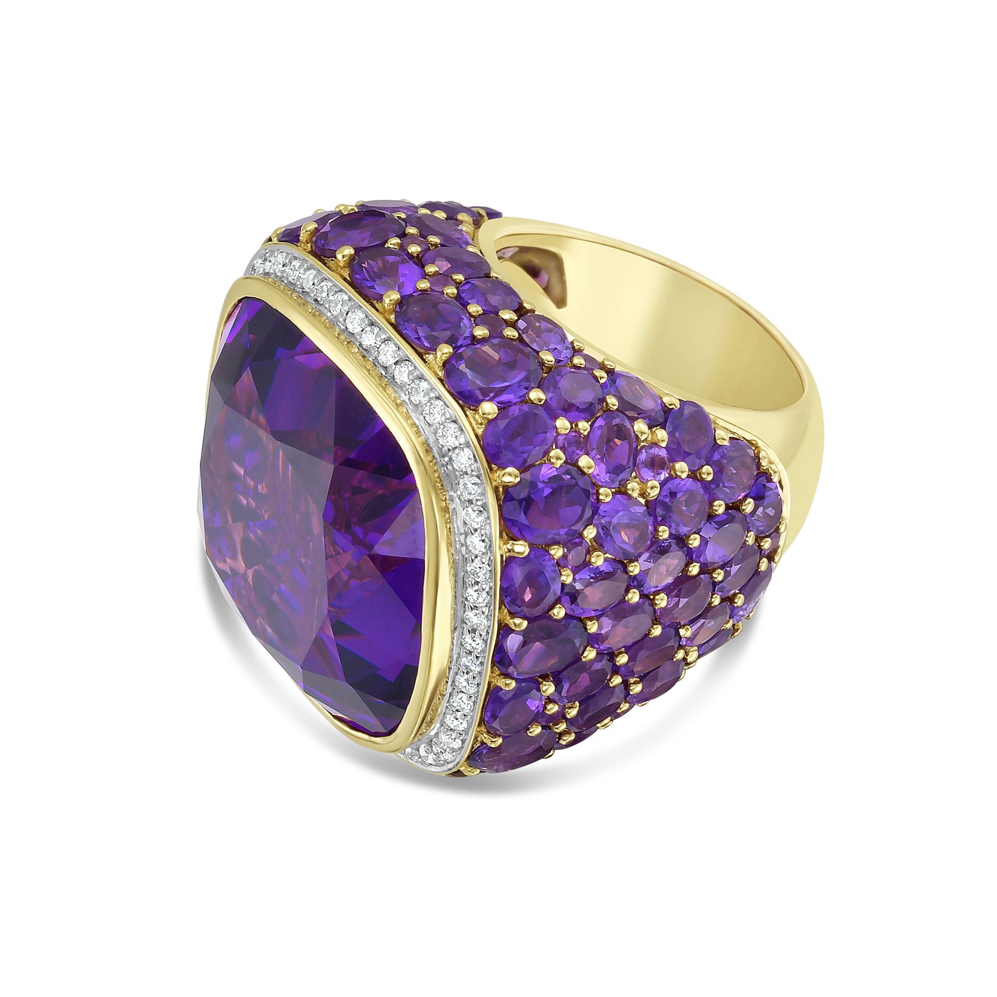 Color gemstone cocktail ring with round diamonds and sculptural elegance