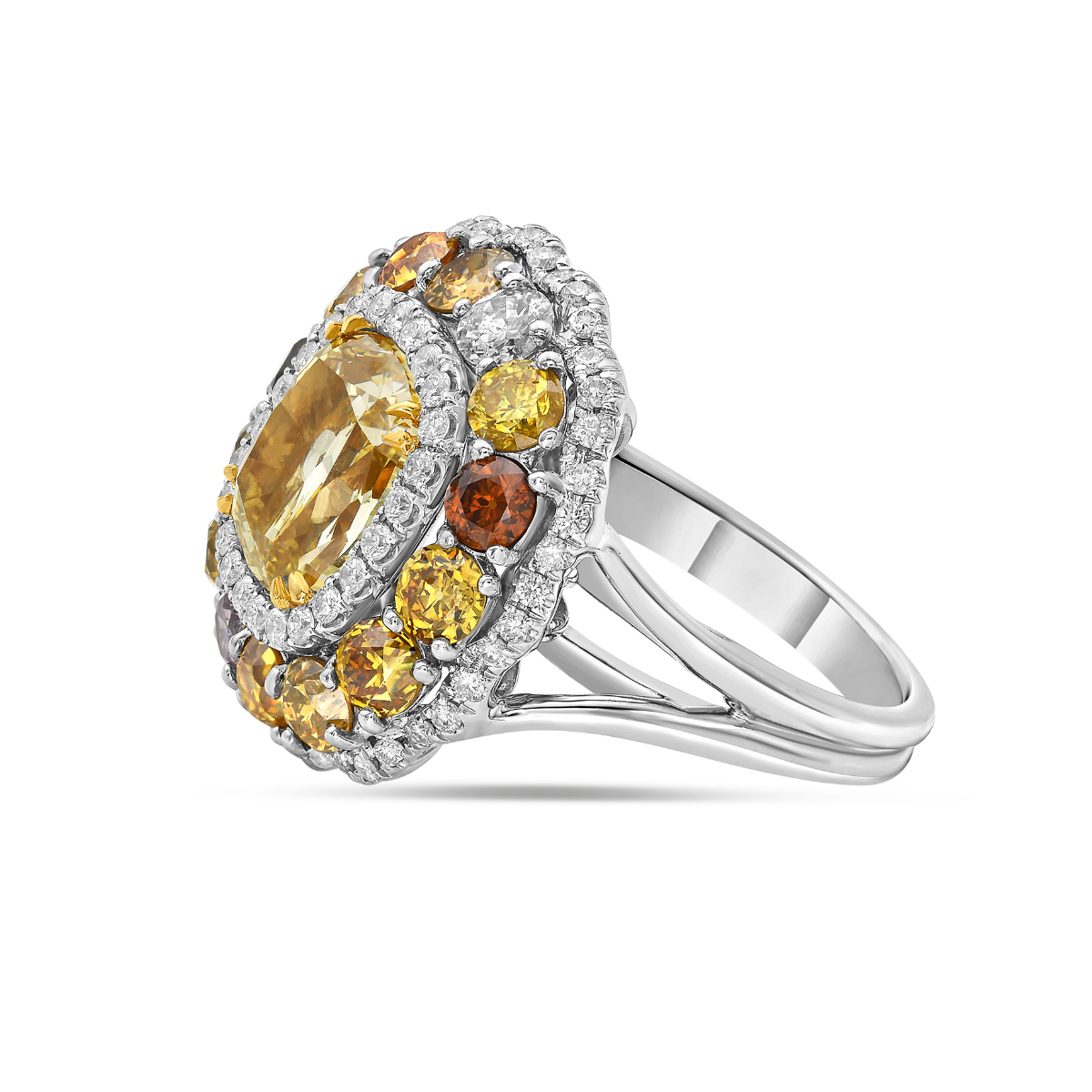 Cushion yellow brown diamond ring with round fancy color halo