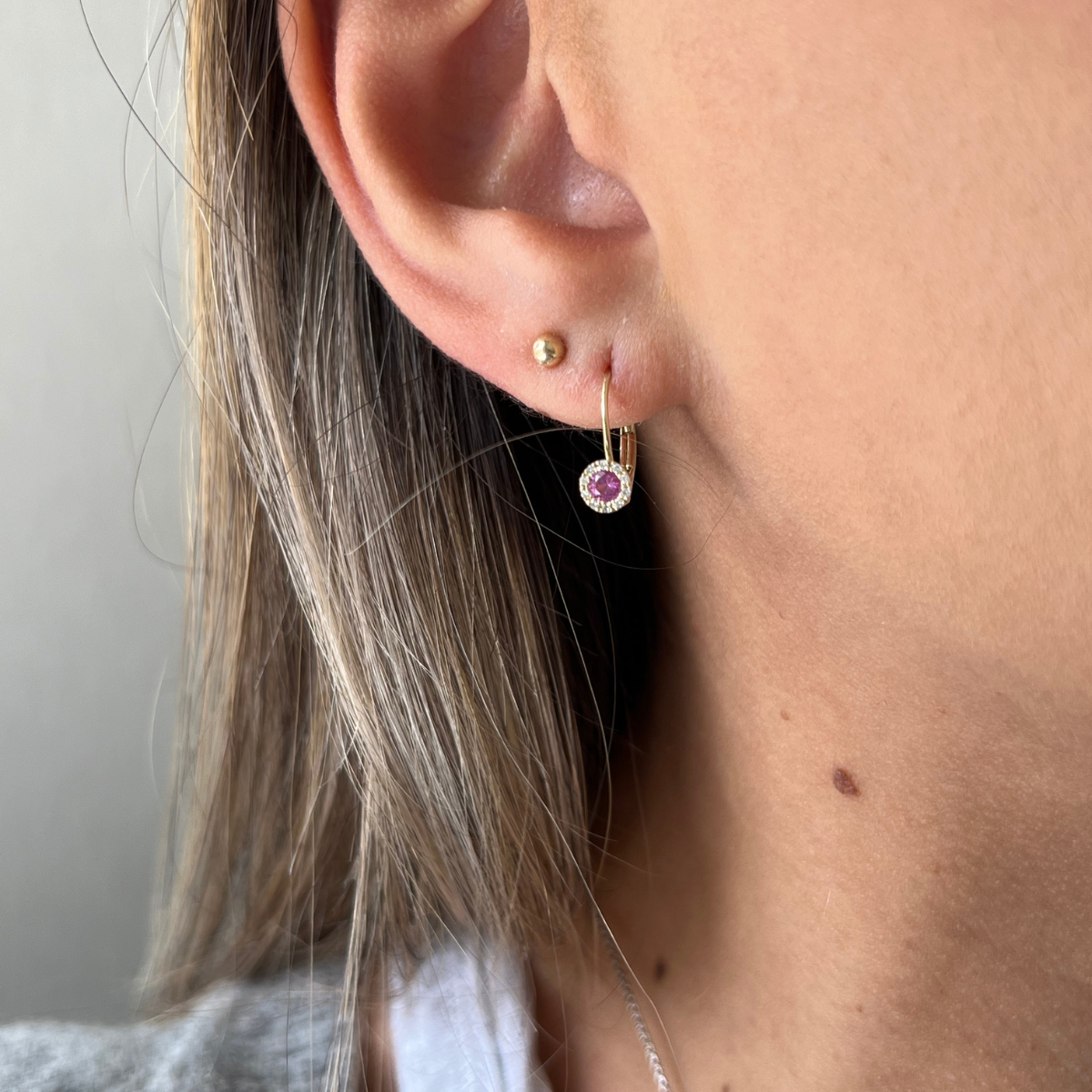 Pink Corundum Round Drop Earring