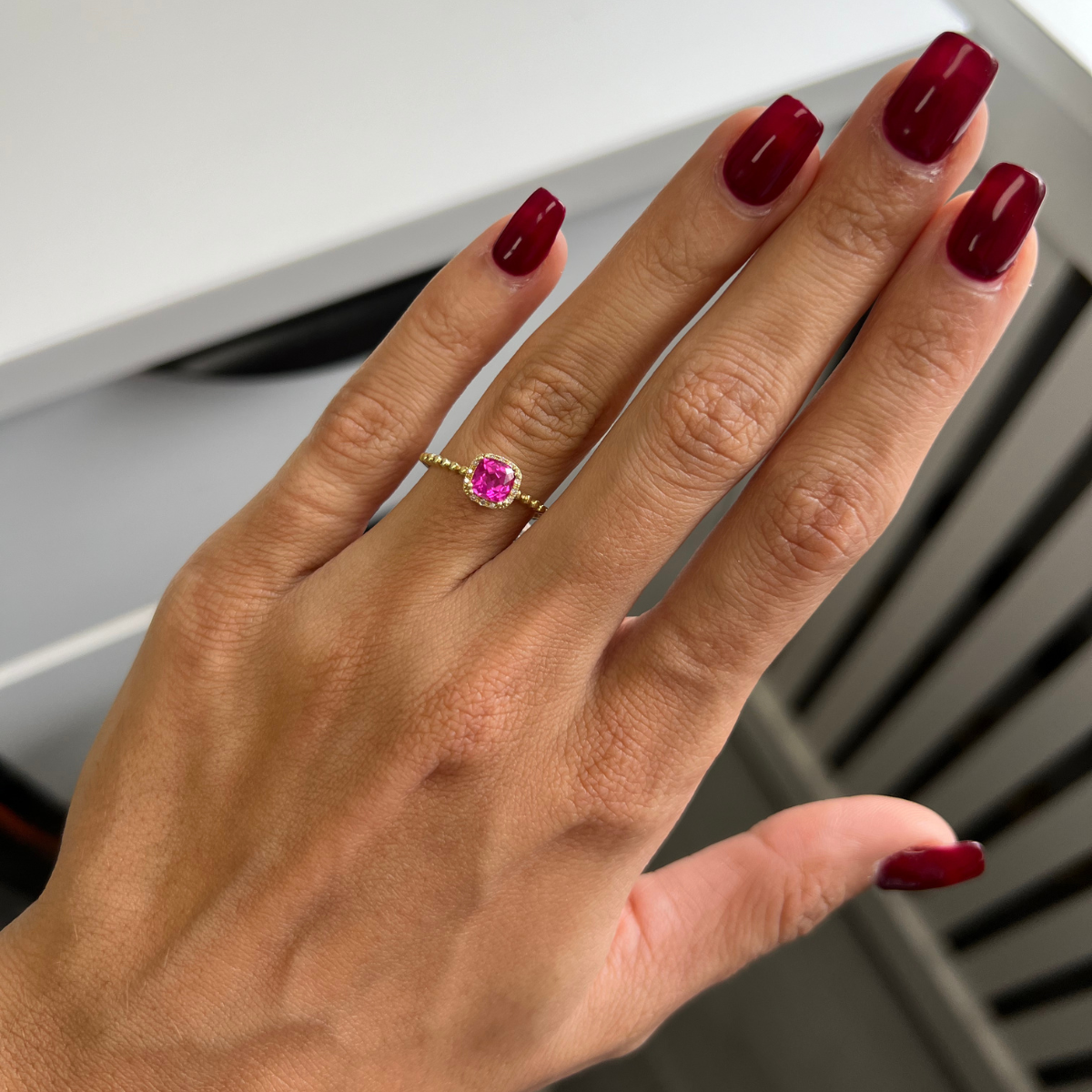 Pink Corundum Cushion Ring