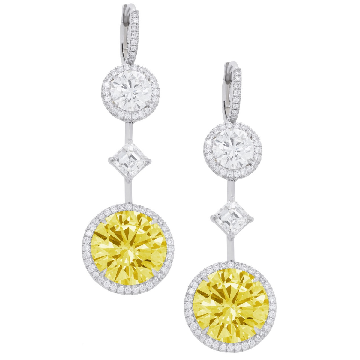 Fancy Yellow Round Diamond Halo Drop Earrings