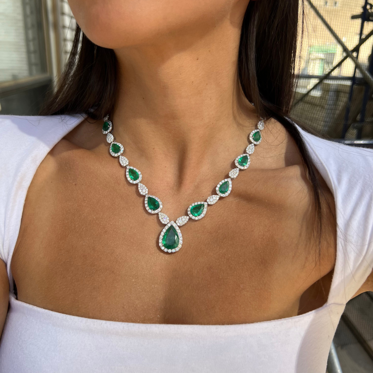 Emerald Diamond Pear Drop Necklace