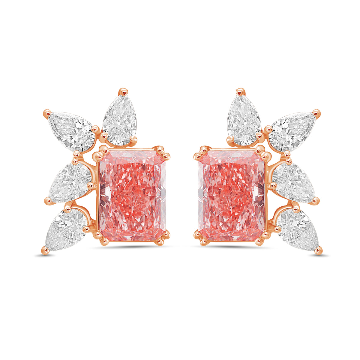 Lab-Grown Pink Radiant & White Pear Diamond Cluster Stud Earrings