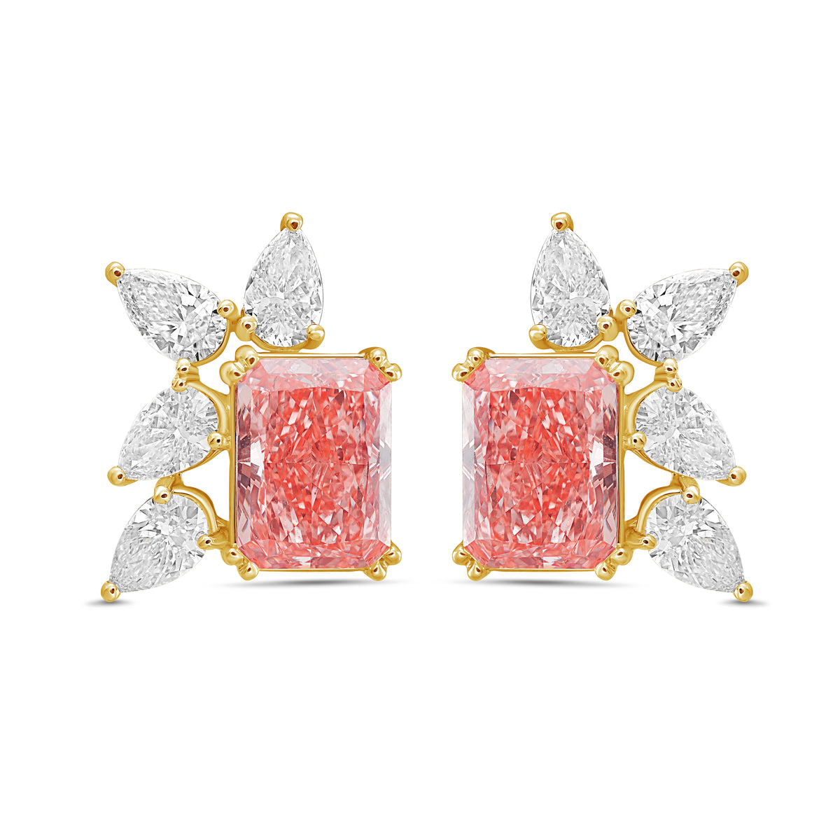 Lab-Grown Pink Radiant & White Pear Diamond Cluster Stud Earrings