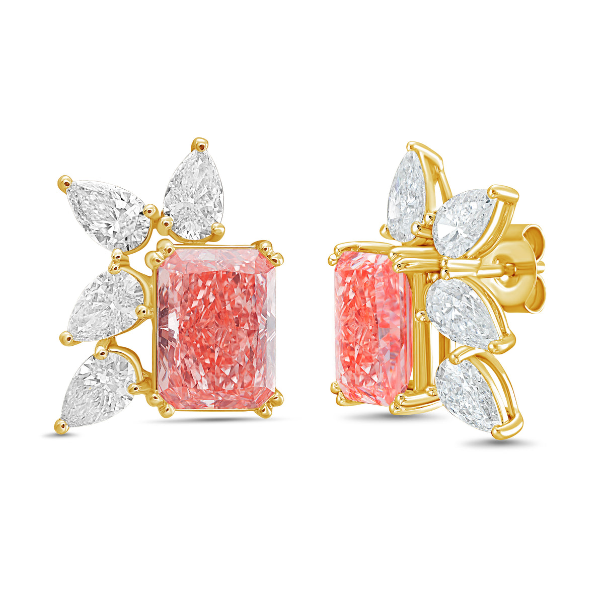 Lab-Grown Pink Radiant & White Pear Diamond Cluster Stud Earrings