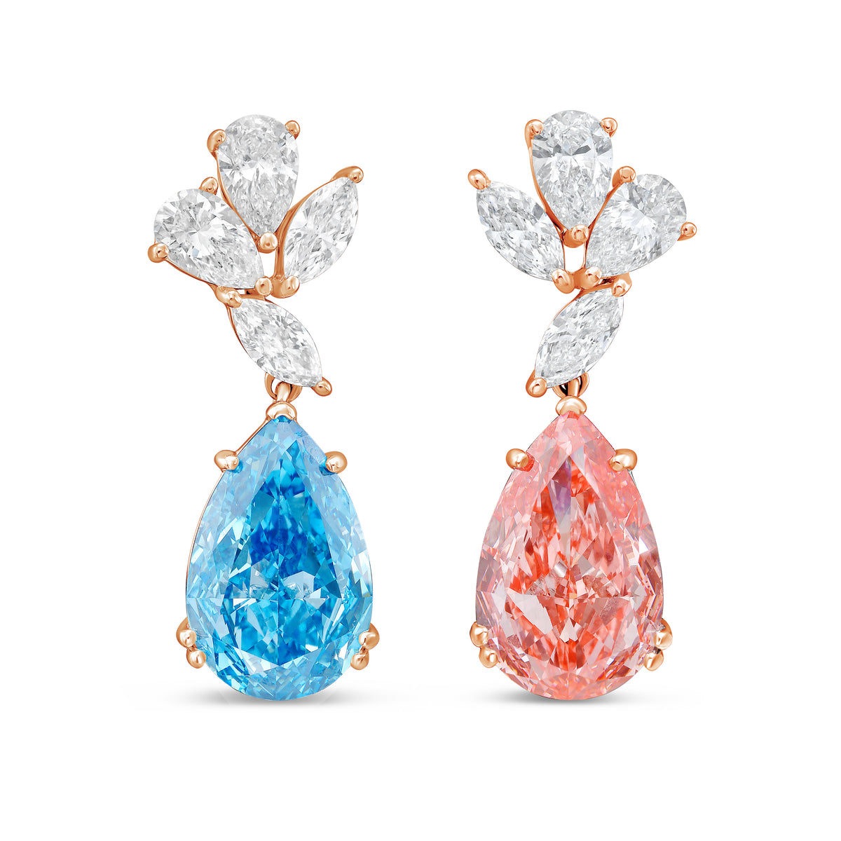 Lab-Grown Blue & Pink Diamond Drop Earrings, 14K Gold
