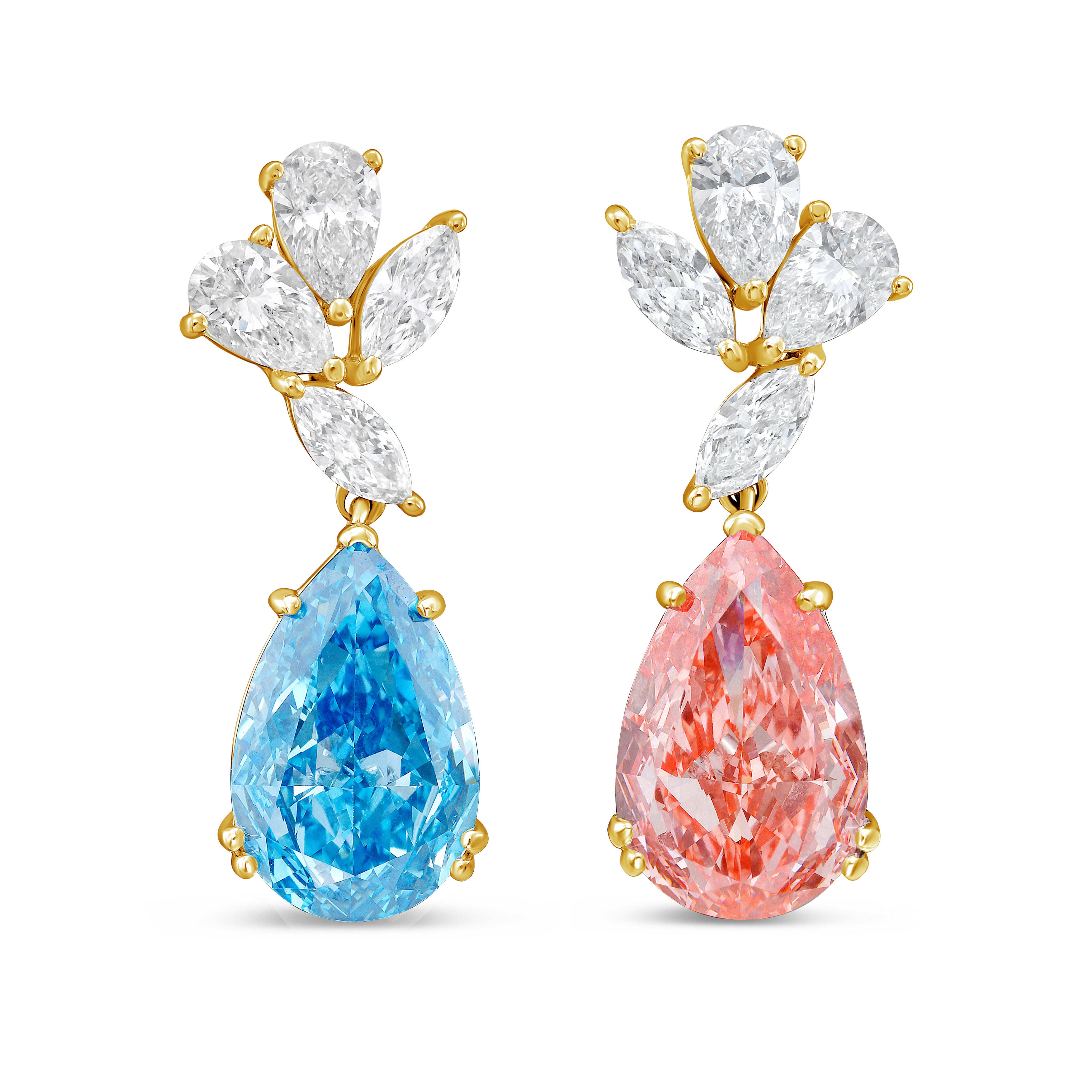 Lab-Grown Blue & Pink Diamond Drop Earrings, 14K Gold