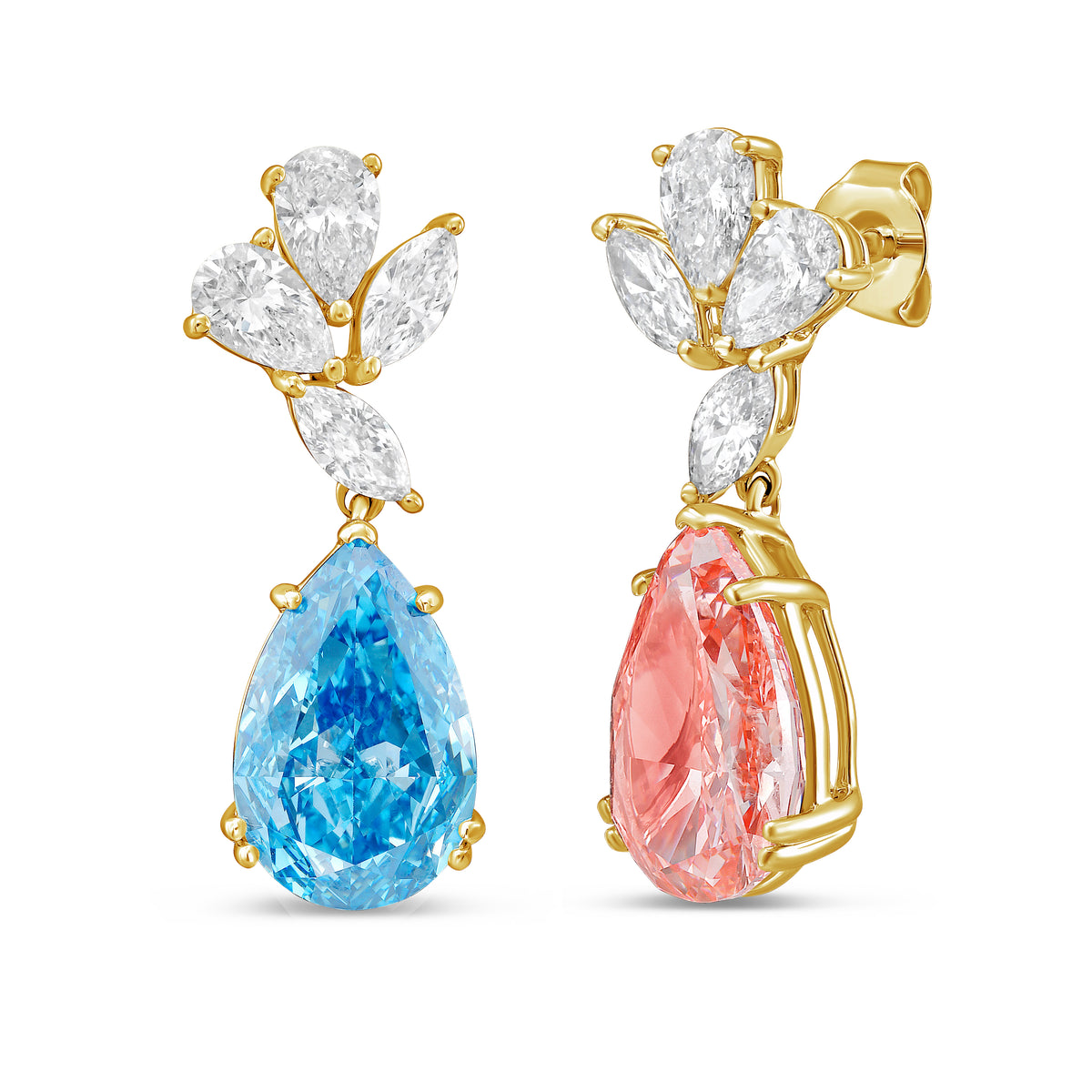 Lab-Grown Blue & Pink Diamond Drop Earrings, 14K Gold