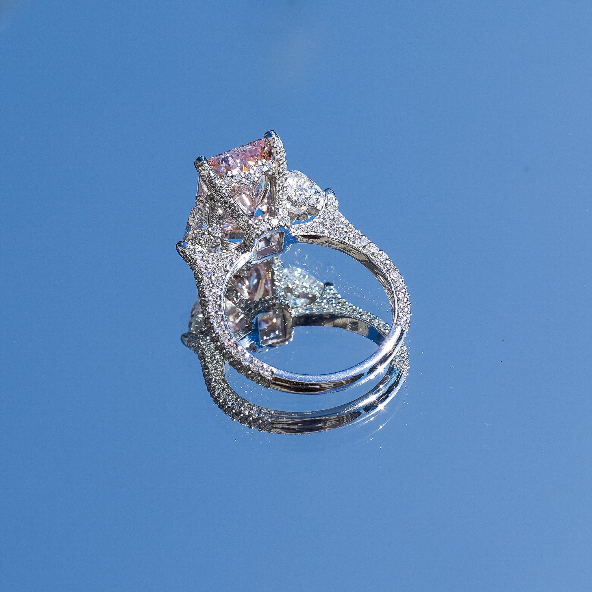Lab-Grown Pink Radiant Diamond Ring with Heart Sides, 18k Gold