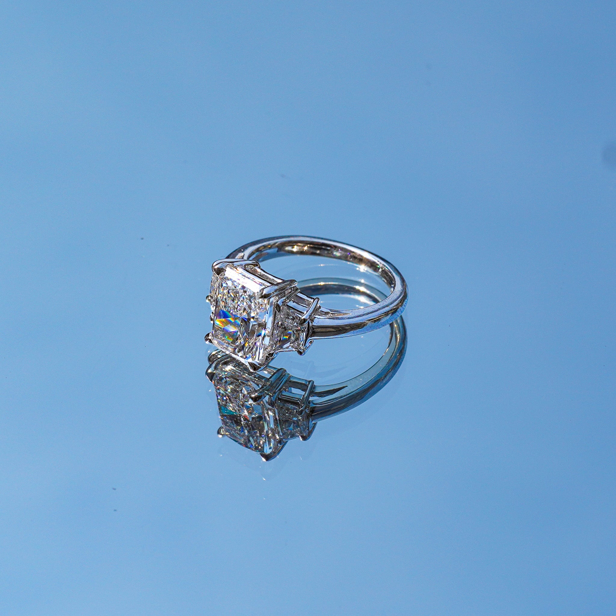 Lab-Grown Radiant Three-Stone Engagement Ring with Trapezoids, 18K Gold