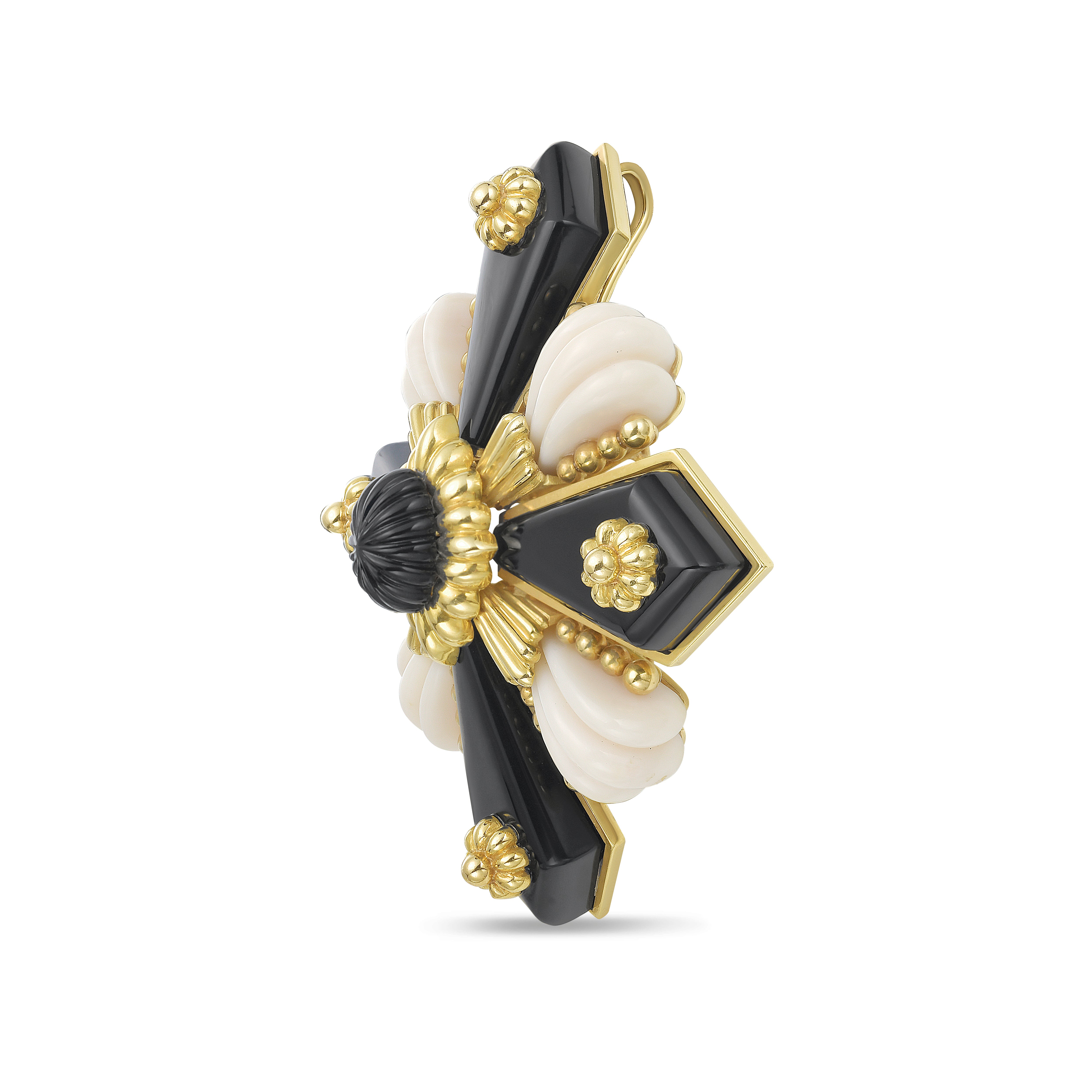 Black Onyx And White Coral Cross-Motif Brooch