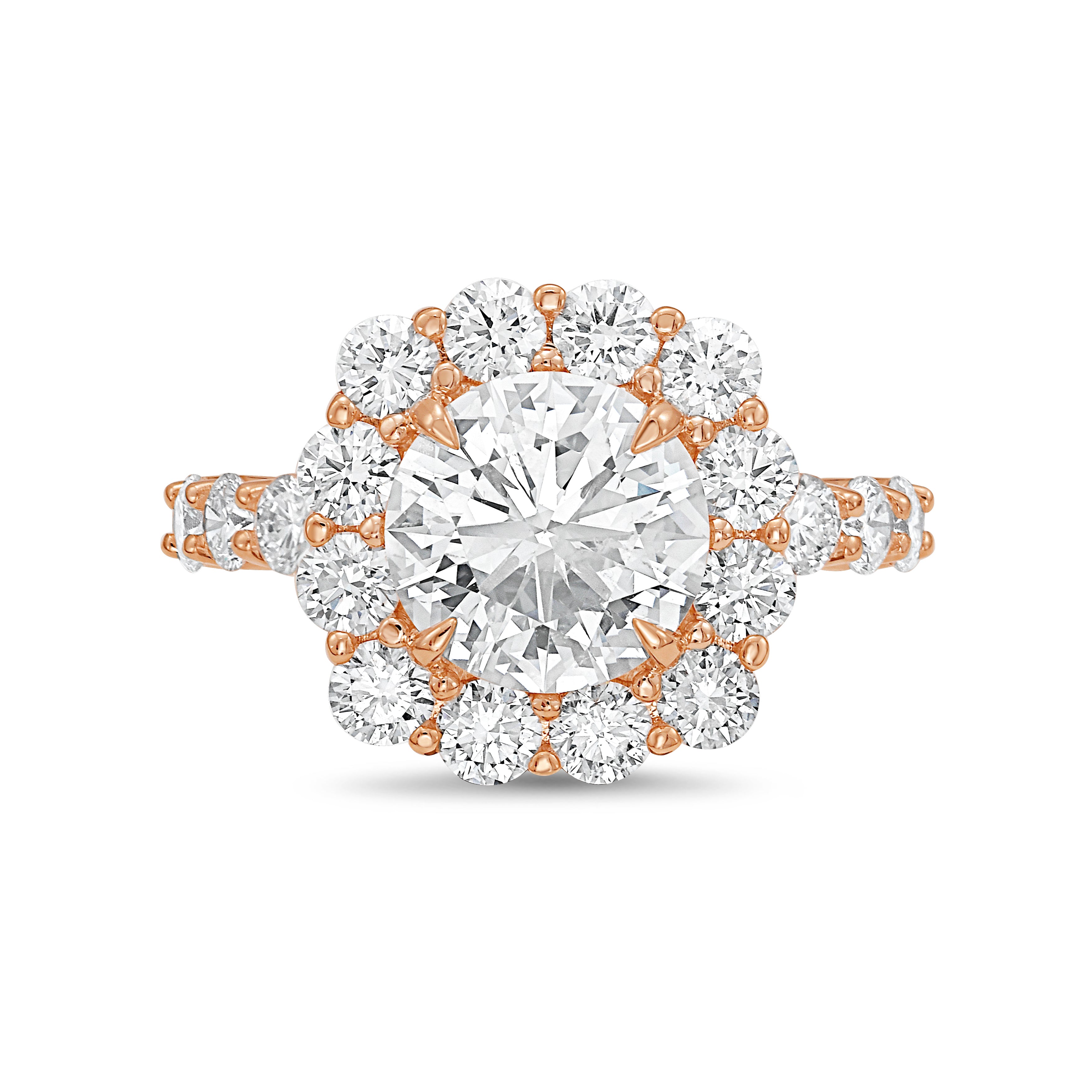 Lab-grown round diamond halo engagement ring in 18kt rose gold, front view