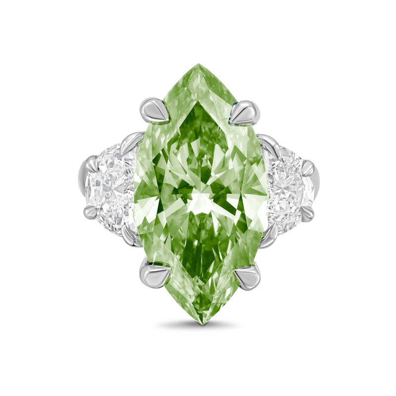 Lab Grown Green Marquise Cut Diamond with Two Half Moons on Sides Engagement Ring, 14K Gold