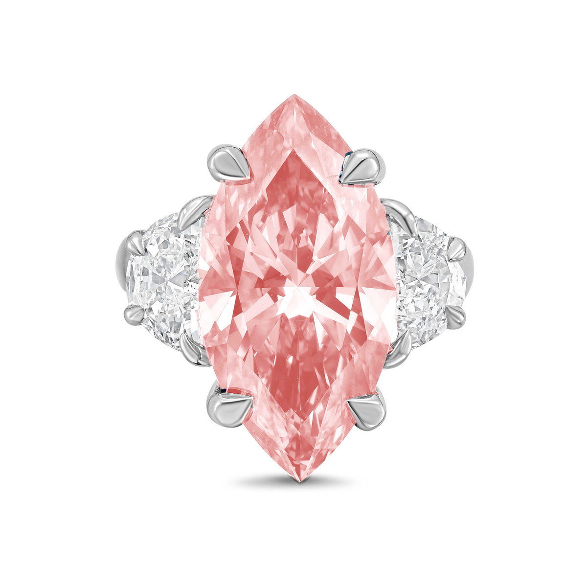Lab Grown Pink Marquise Cut Diamond with Two Half Moons on Sides Engagement Ring, 14K Gold