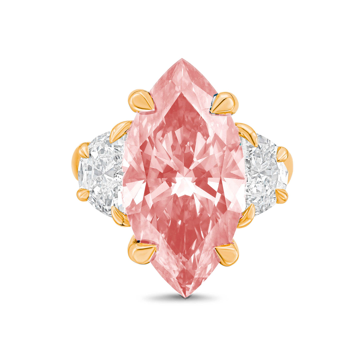 Lab Grown Pink Marquise Cut Diamond with Two Half Moons on Sides Engagement Ring, 14K Gold