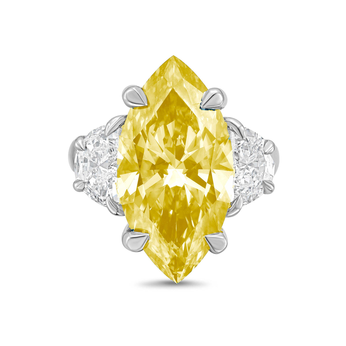 Lab Grown Yellow Marquise Cut Diamond with Two Half Moons on Sides Engagement Ring, 14K Gold