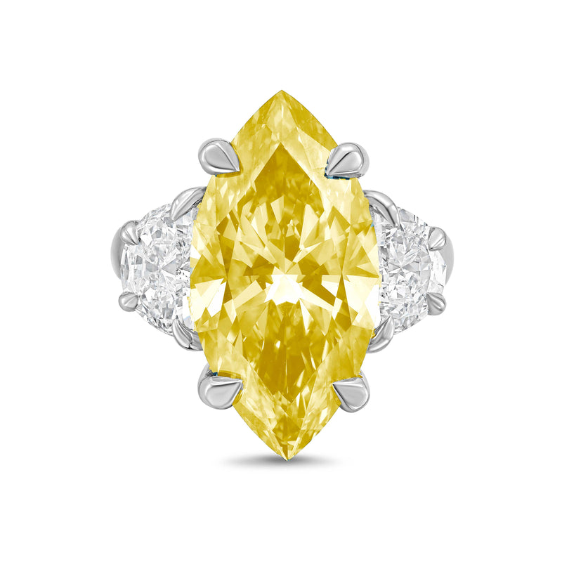 Lab Grown Yellow Marquise Cut Diamond with Two Half Moons on Sides Engagement Ring, 14K Gold