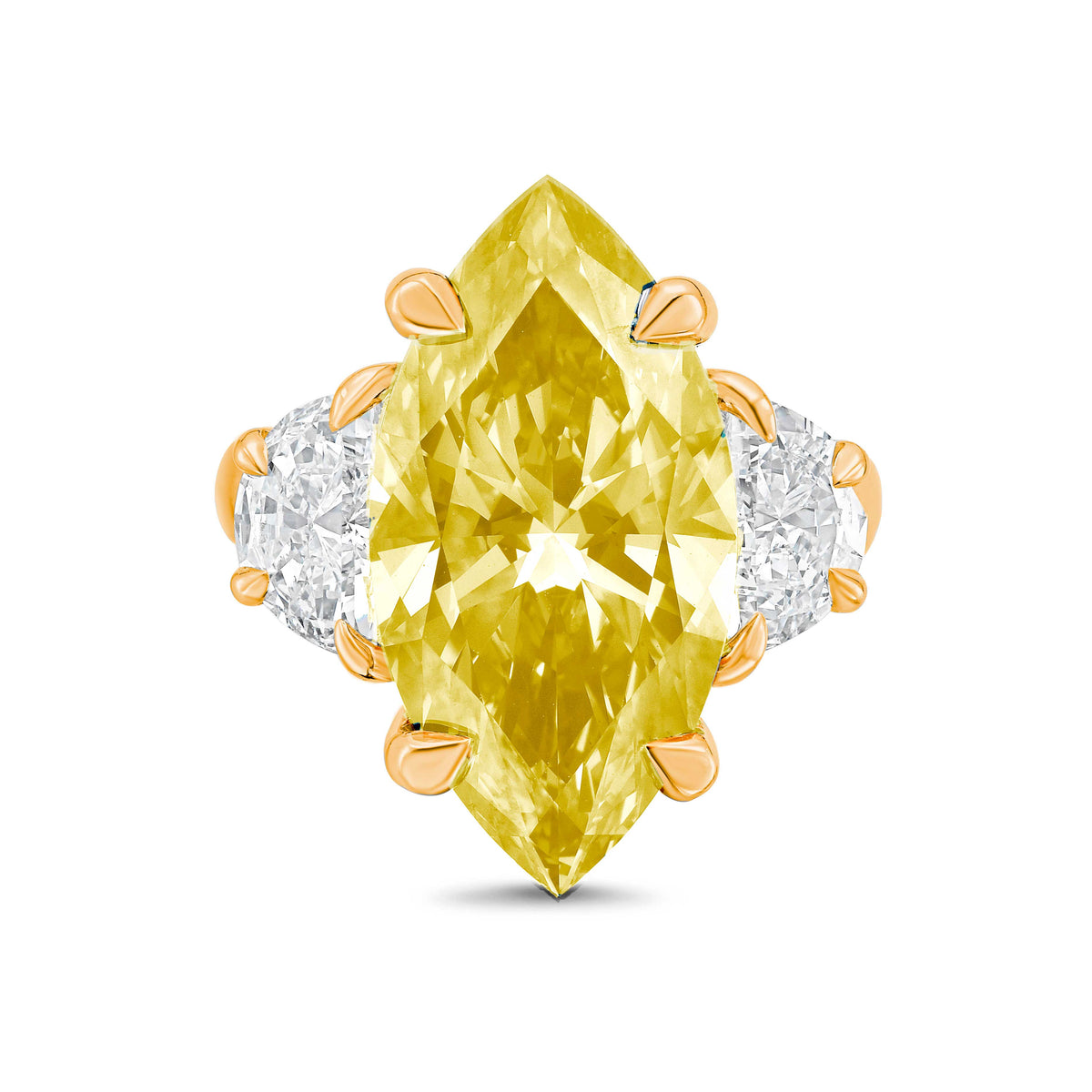 Lab Grown Yellow Marquise Cut Diamond with Two Half Moons on Sides Engagement Ring, 14K Gold