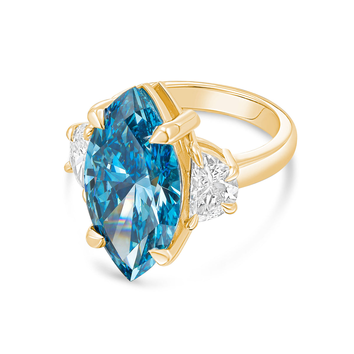 Lab Grown Blue Marquise Cut Diamond with Two Half Moons on Sides Engagement Ring, 14K Gold