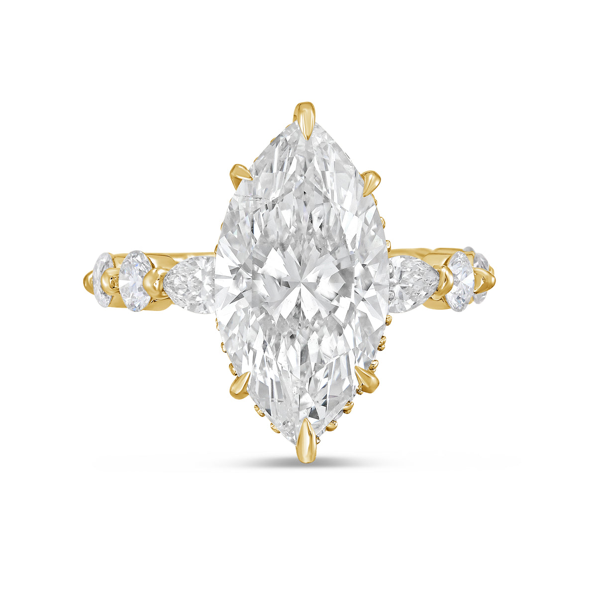 Lab-Grown Marquise Diamond Engagement Ring with Multi-Shaped Side Stone Band and Hidden Halo, 14K Gold