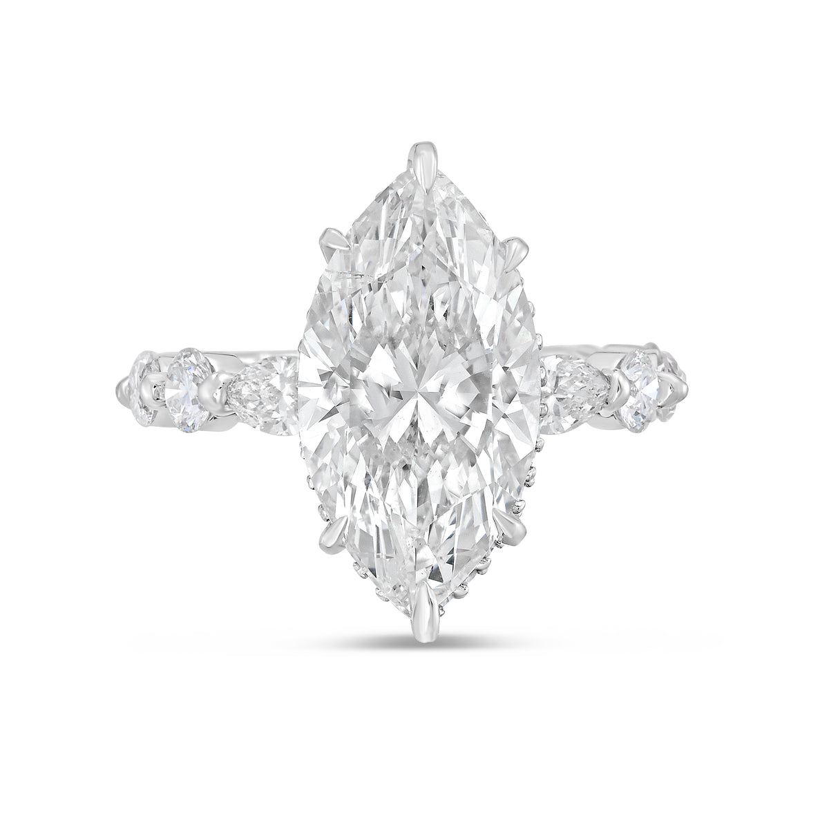 Lab-Grown Marquise Diamond Engagement Ring with Multi-Shaped Side Stone Band and Hidden Halo, 14K Gold