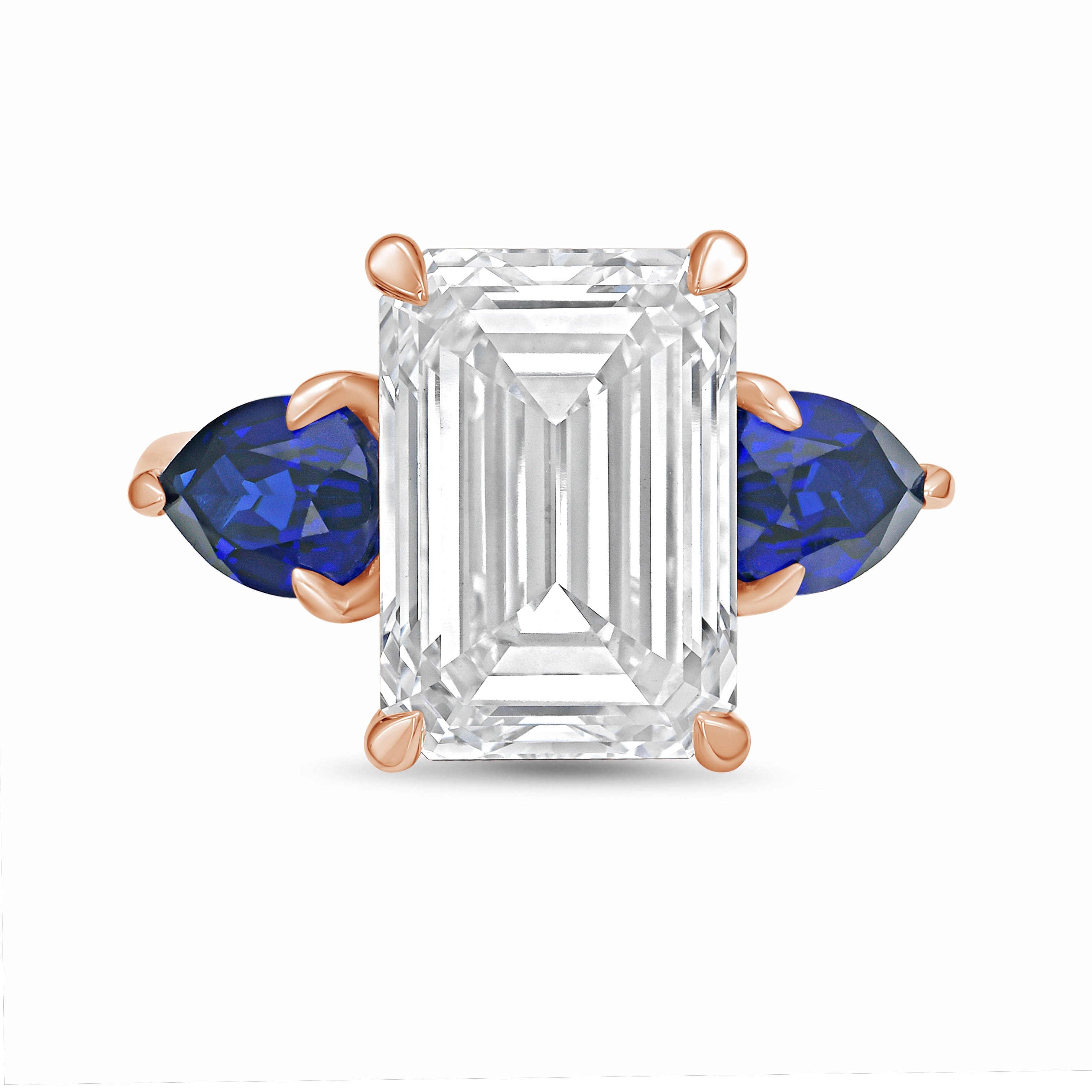 Lab Grown Emerald Diamond ring with pear shaped sapphires