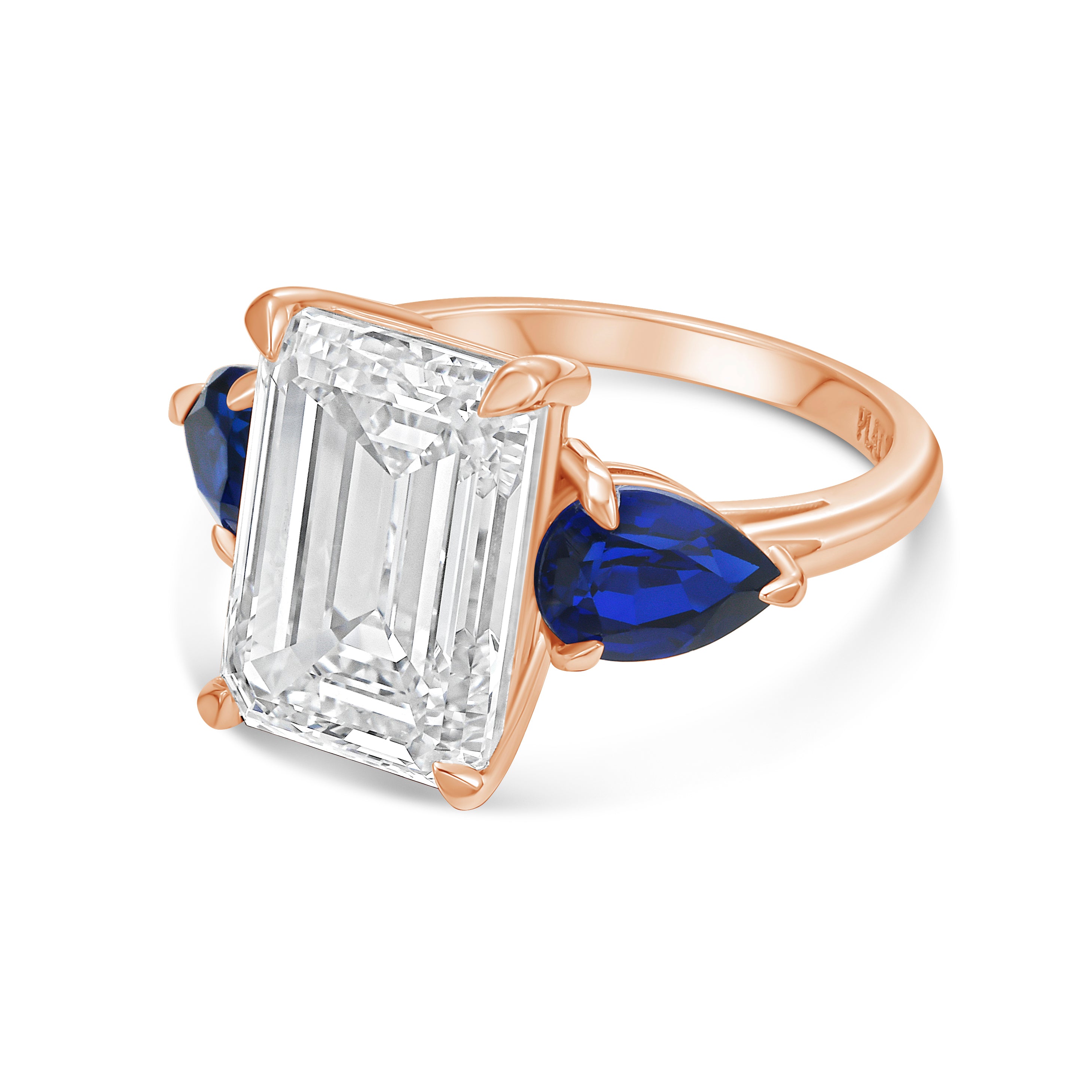 Lab Grown Emerald Diamond ring with pear shaped sapphires