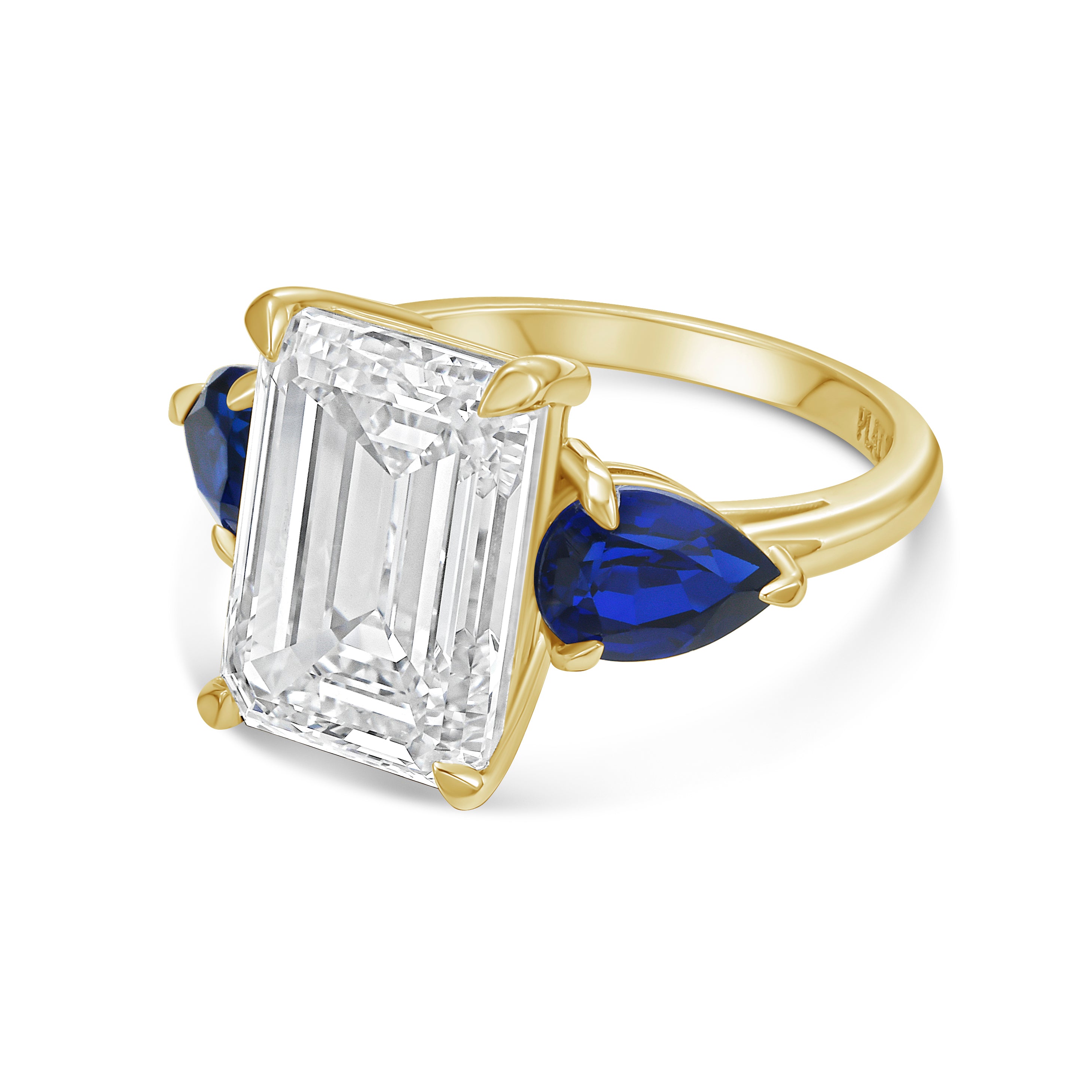 Lab Grown Emerald Diamond ring with pear shaped sapphires