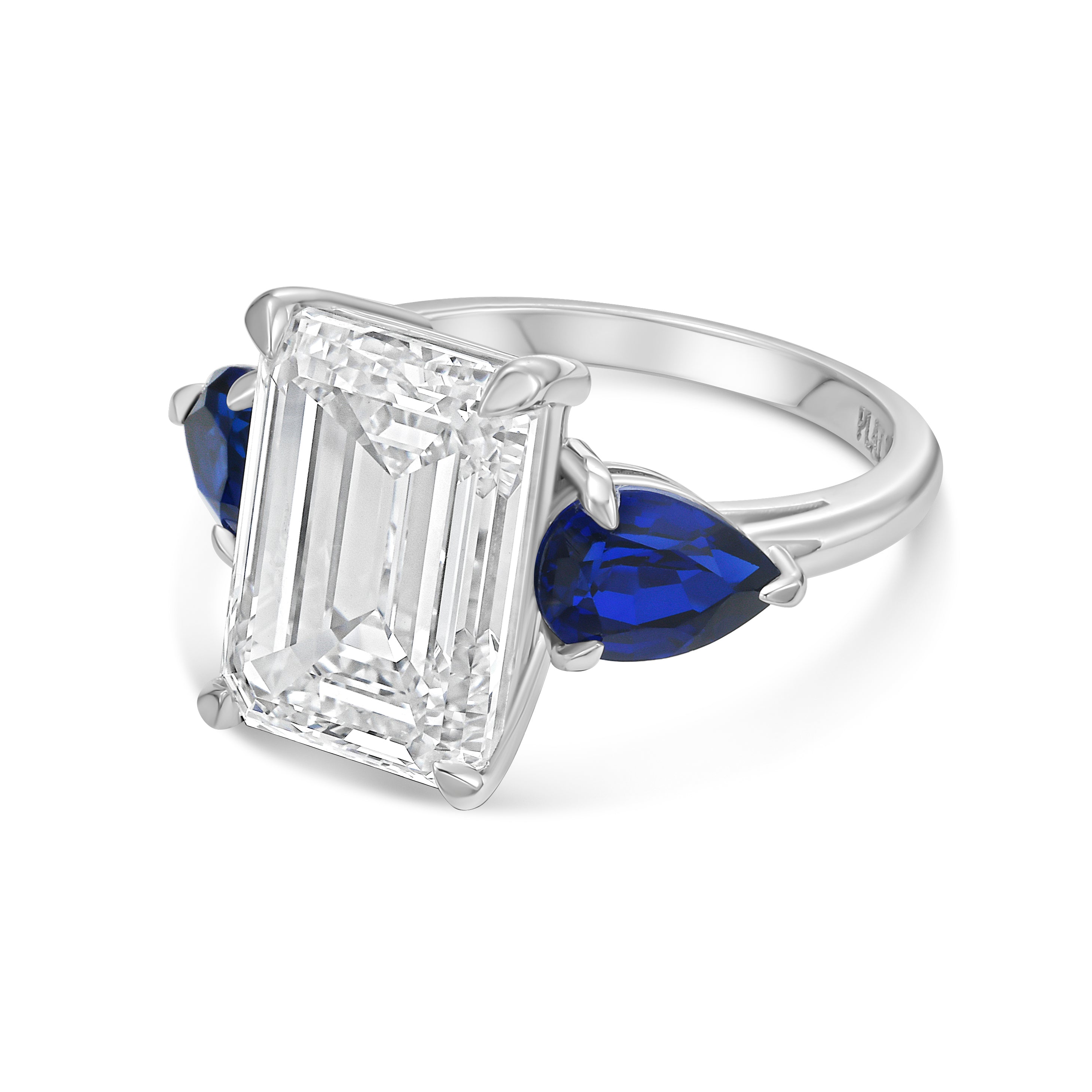 Lab Grown Emerald Diamond ring with pear shaped sapphires