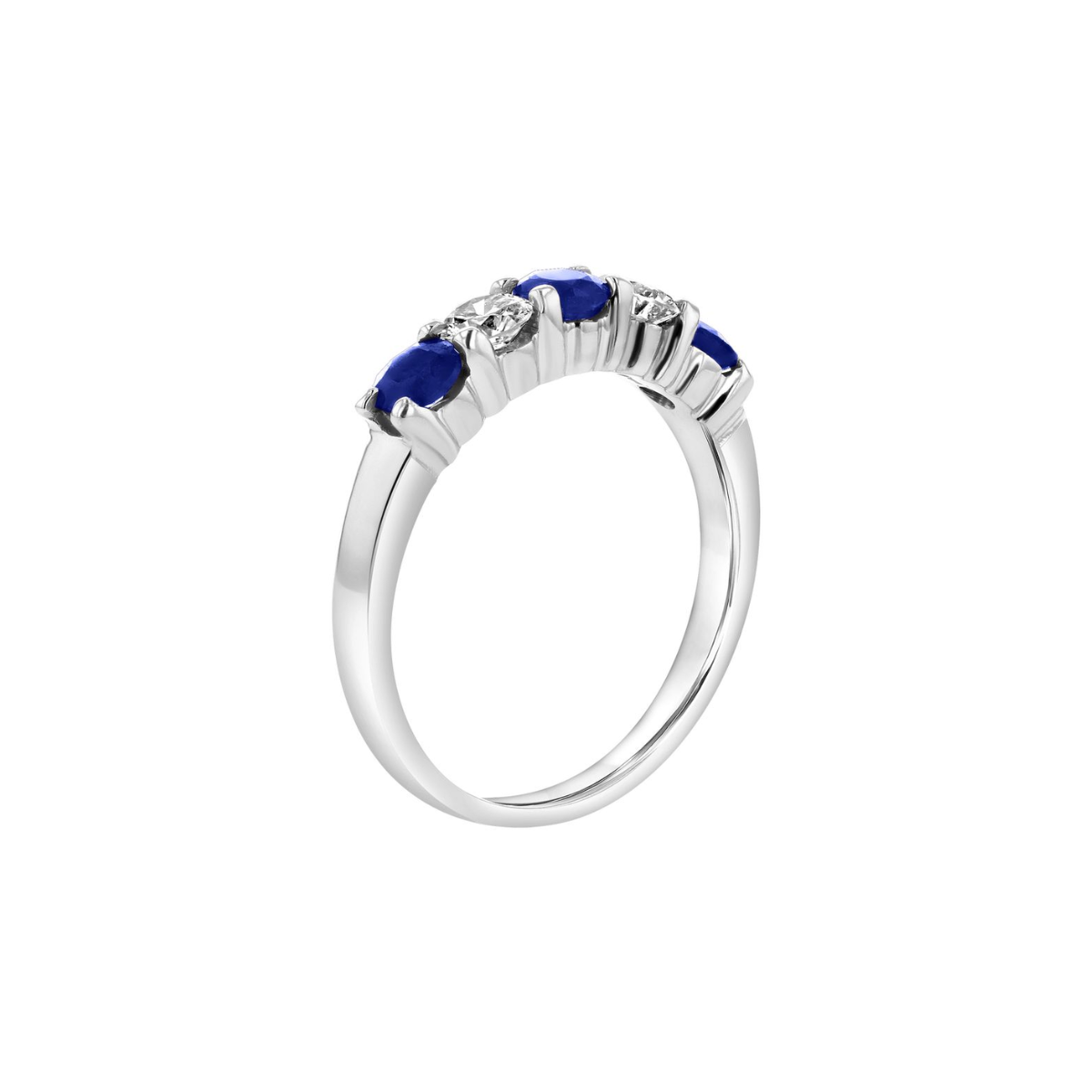 Diamond and gemstone band ring in 14kt white gold featuring emerald sapphire and ruby accents