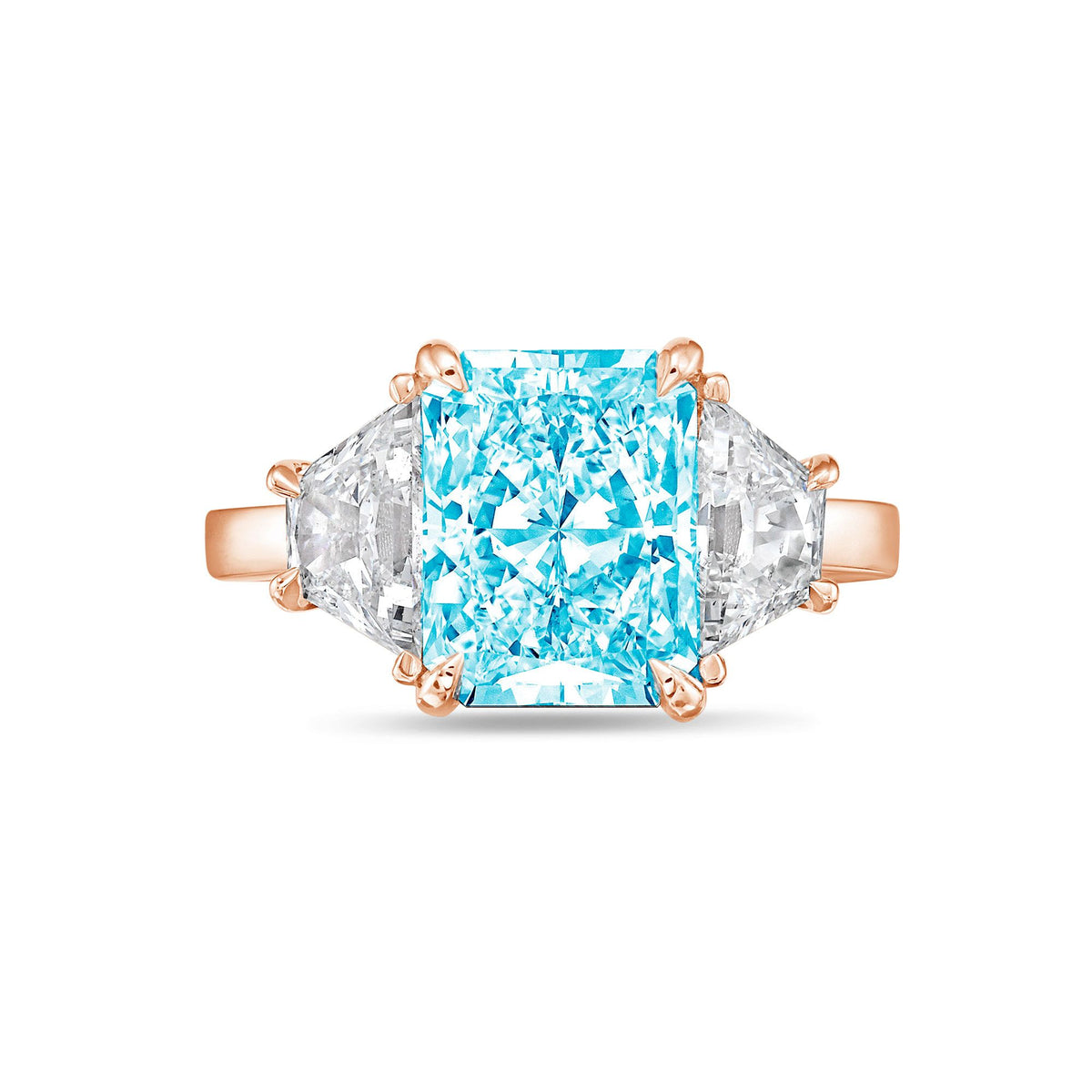 Lab-Grown Blue Radiant Three-Stone Engagement Ring with Trapezoids, 14K Gold