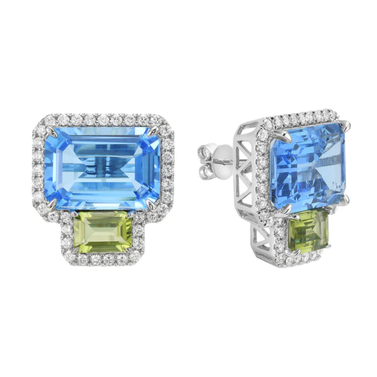 East West Swiss Blue Topaz Halo Earrings