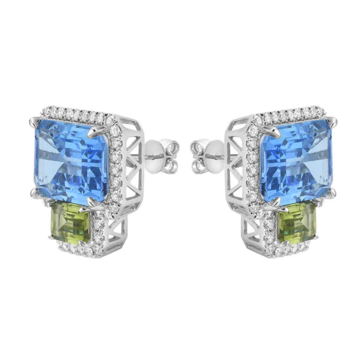 East West Swiss Blue Topaz Halo Earrings