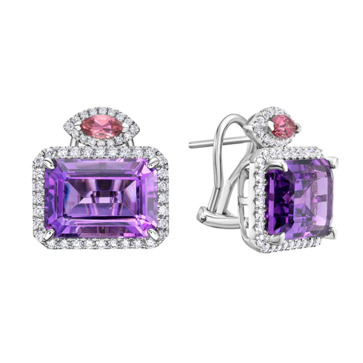 East West Amethyst Halo Earrings